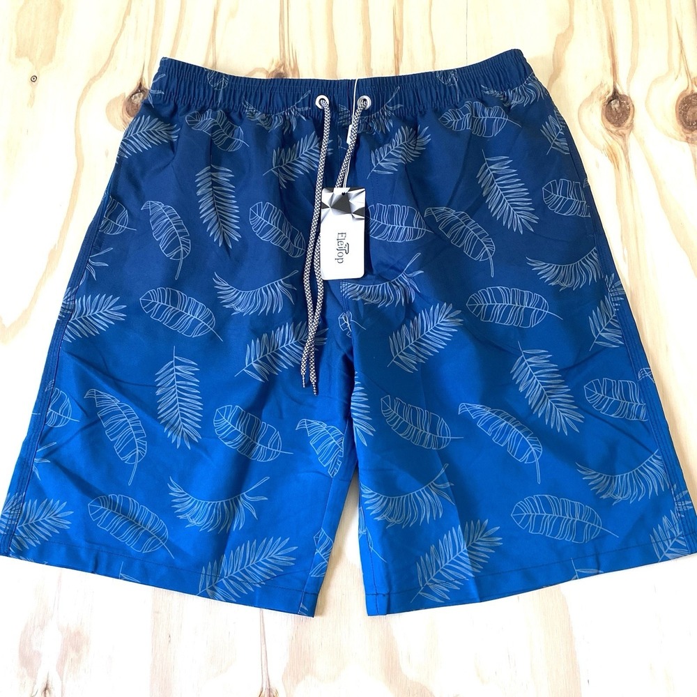 Eletop Men's Swim Shorts Size Large Blue Leaf Print